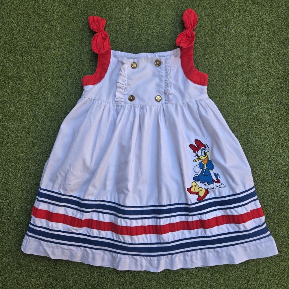 Disney Daisy Duck Embroidered  White Red Blue Baby Dress Size 18-24 months